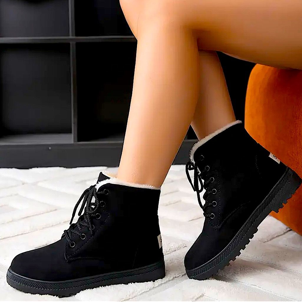 New - Cozy Plush Lined - Lace Up Ankle Boots - Black - Size 8
